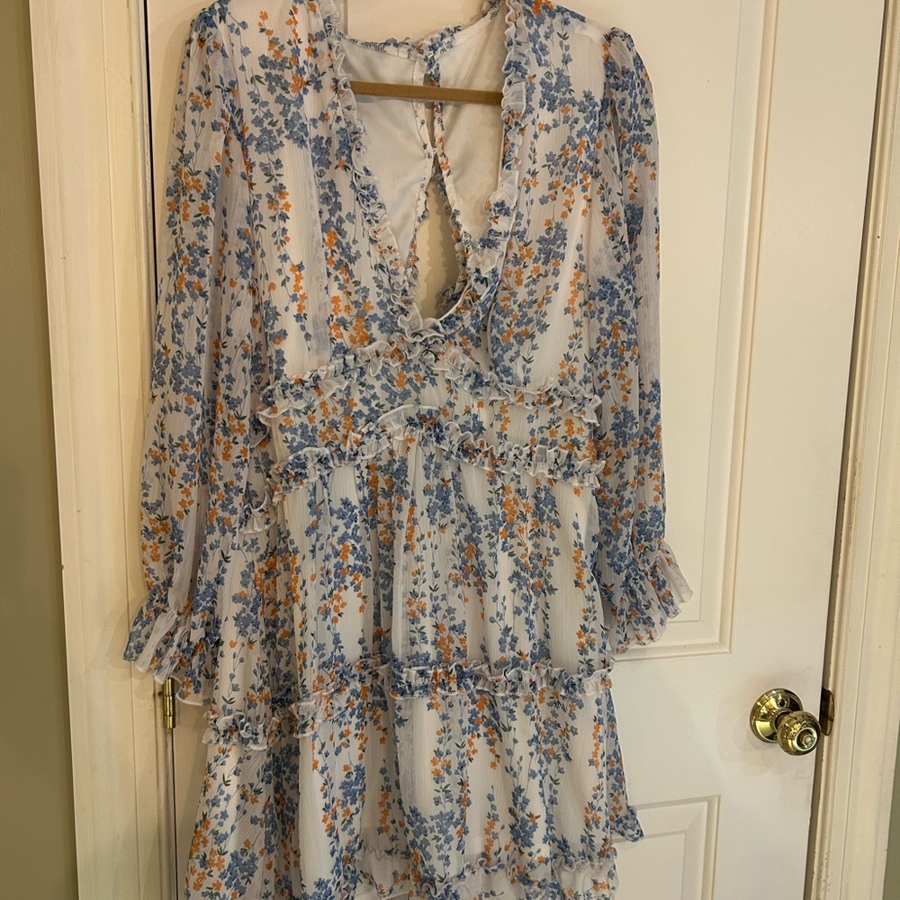 Floral Ruffle Dress in Blue and Orange